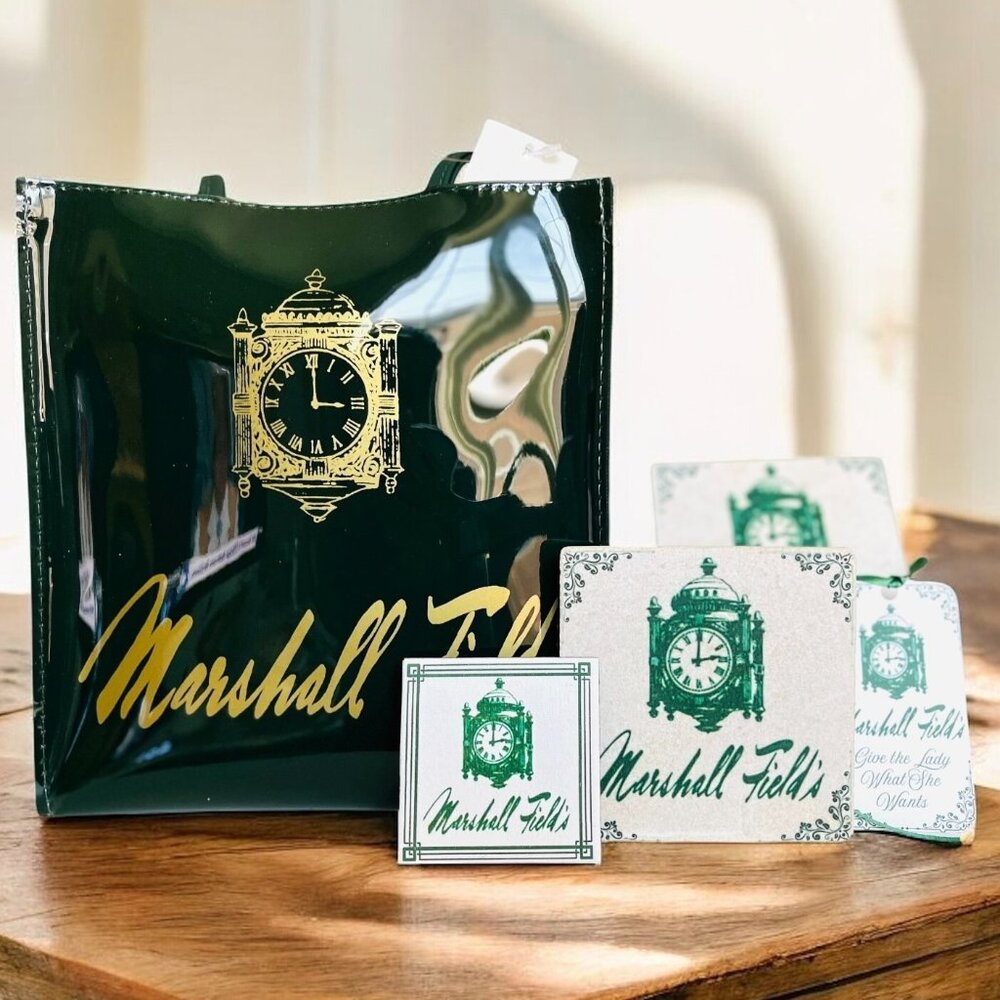 MARSHALL FIELD'S LUNCH TOTE 4 PC SET TOTE, 2 STONE COASTERS, MAGNET & GIFT TAG
